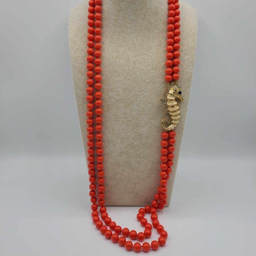 J Crew Reddish Orange Double Strand Beads with Gold Tone Crystal Seahorse